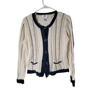 Vintage Talbots Women's Beige Black Knit Button Front Sweater Cardigan Size LG